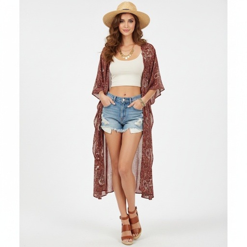Angels Forever Young Duster Kimono Women XL Brown Purple Paisley Cardigan Rustic